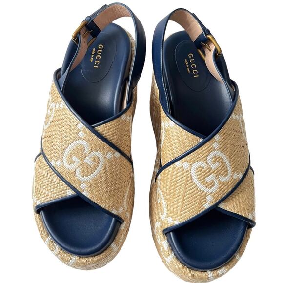 New Gucci Authentic Raffia Nappa GG Monogram Platform 703791 Sz 39 Rubber Soles - Picture 6 of 15